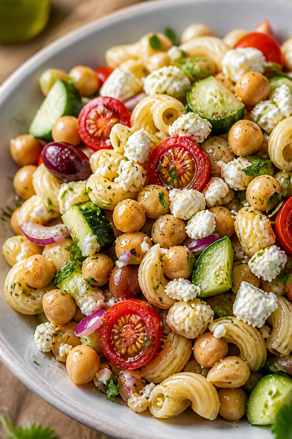 Close-up of Greek pasta salad with chickpeas feta and cucumbers