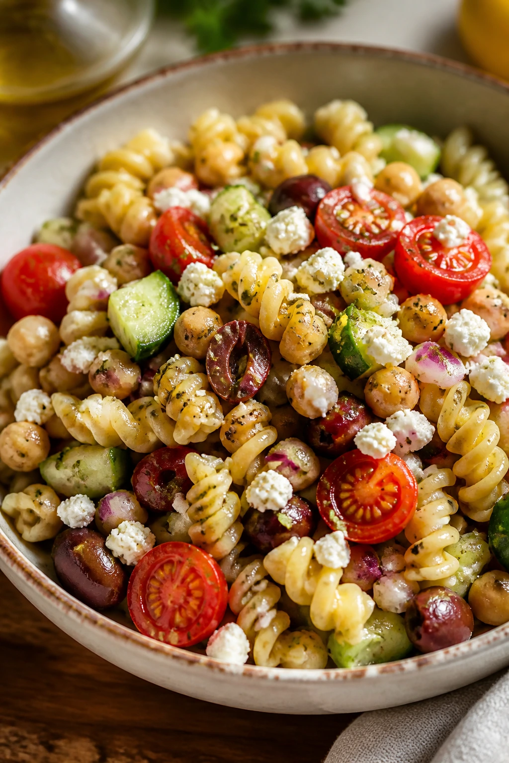 Vibrant Greek chickpea pasta salad with cucumber tomatoes feta and olives