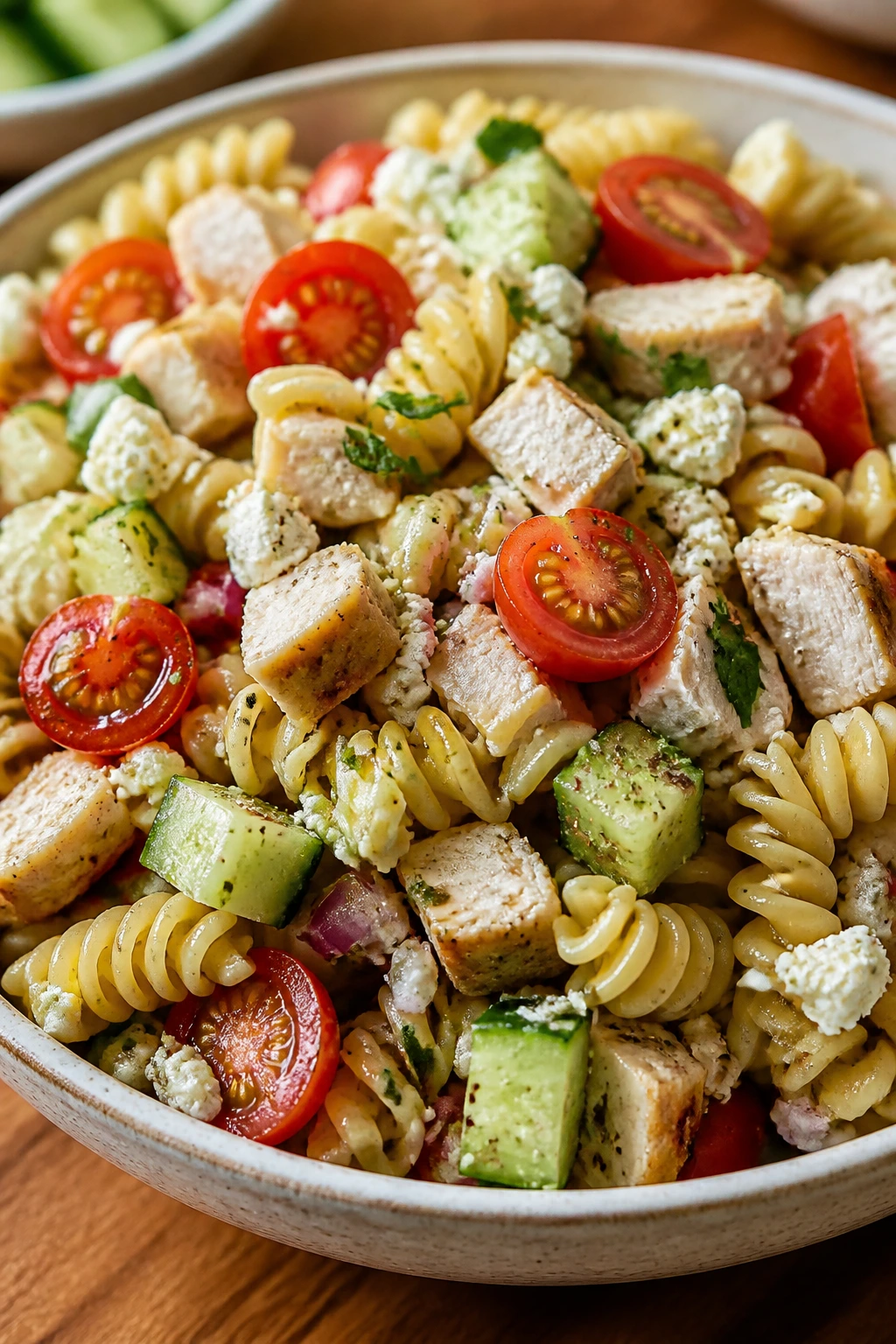Close-up of Greek chicken pasta salad with feta, cucumbers, and tomatoes in a bowl