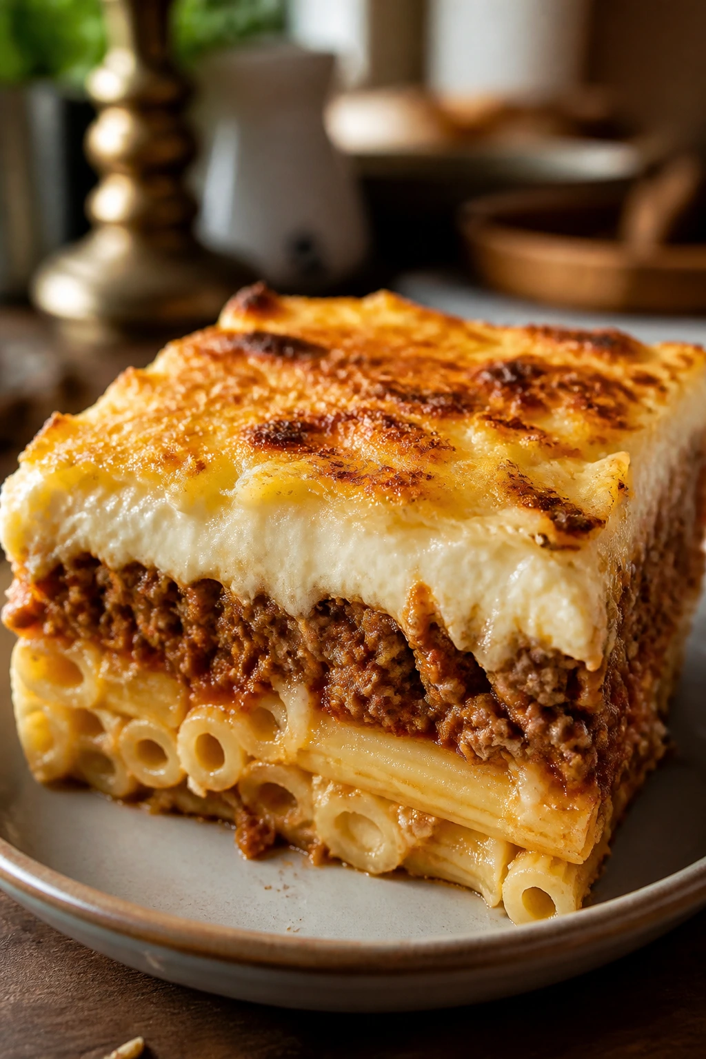 Greek Pastitsio slice with béchamel on plate