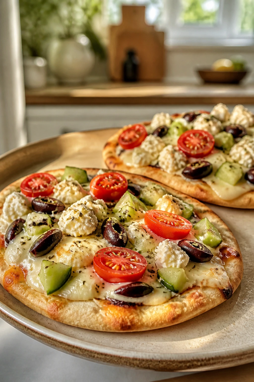 Two Greek pita pizzas topped with feta and olives on a plate
