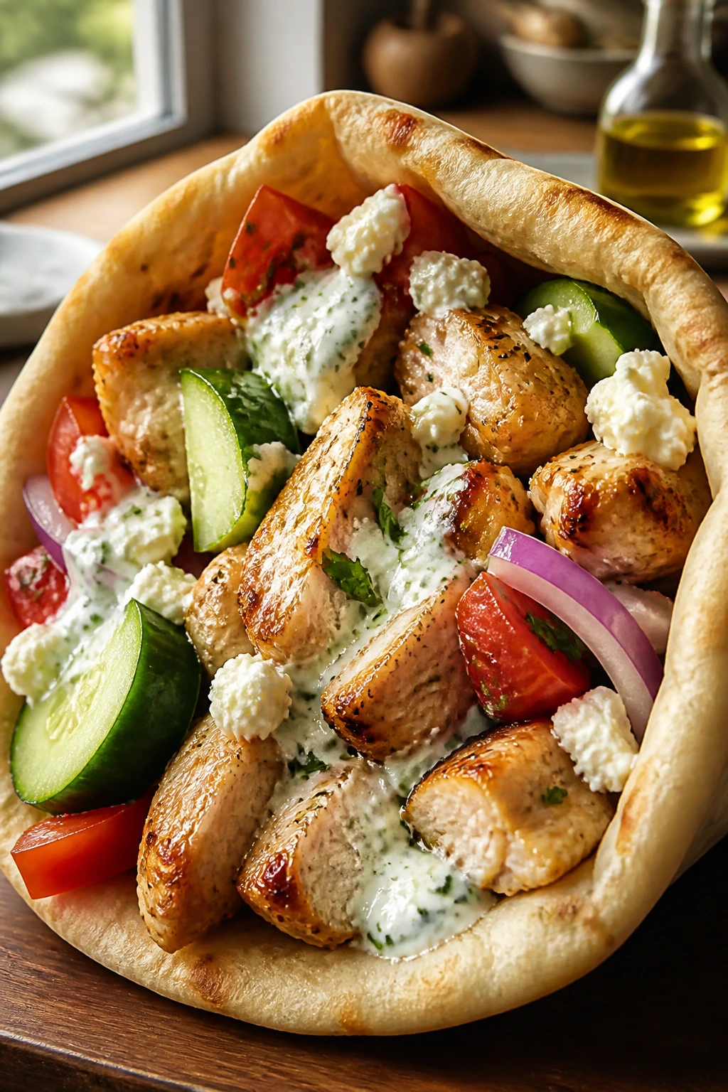 Close-up of Greek chicken pita pocket filling with tzatziki and feta