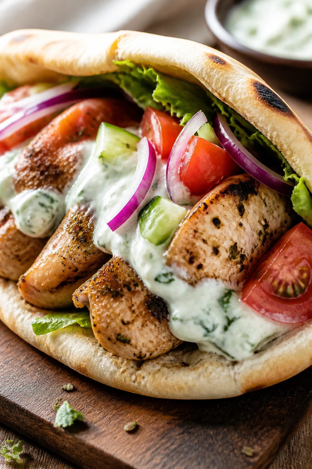 Close-up of Greek Chicken Pitas with Tzatziki showing oregano chicken and cucumber yogurt filling