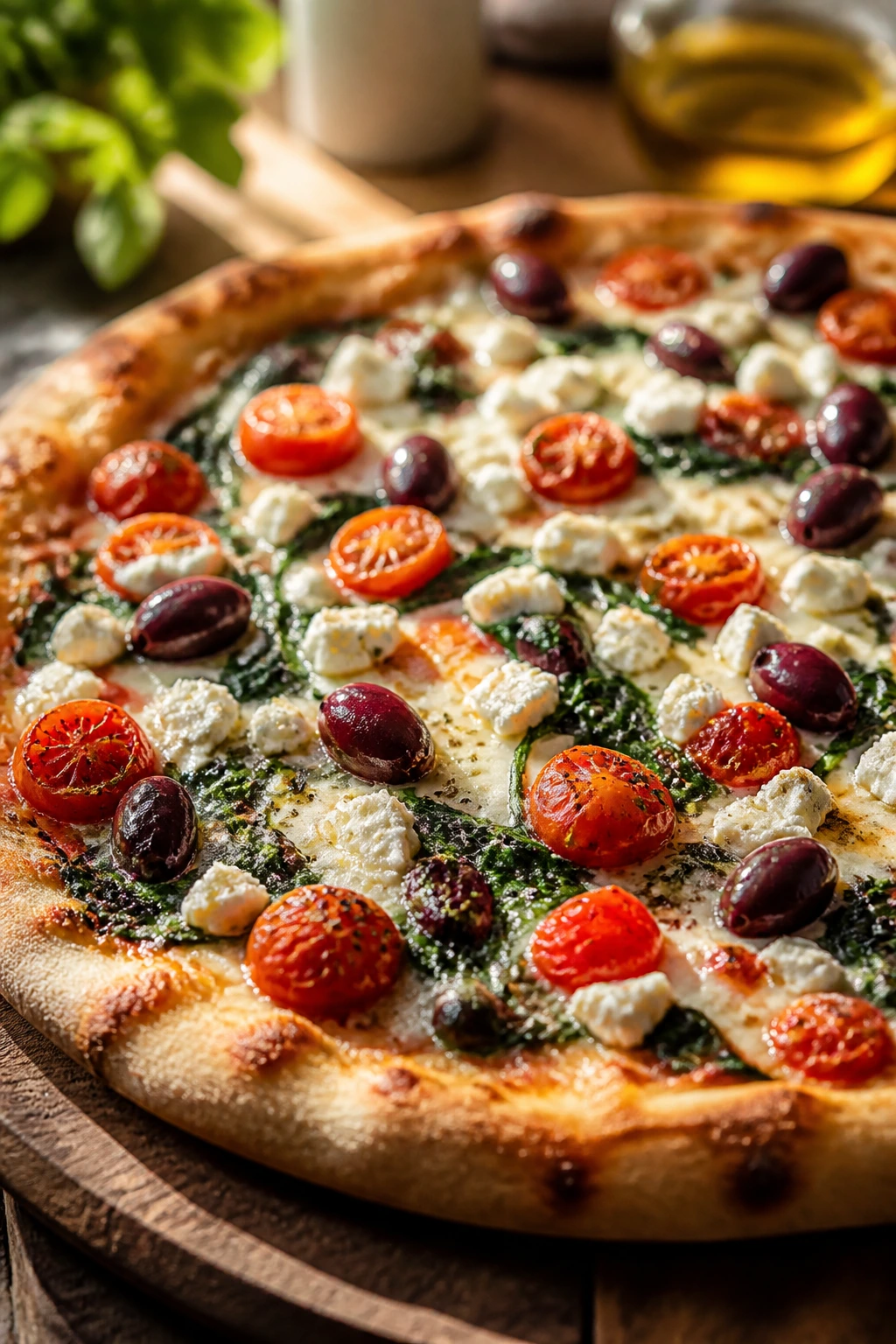 Close-up of Greek Pizza with olives and tomatoes