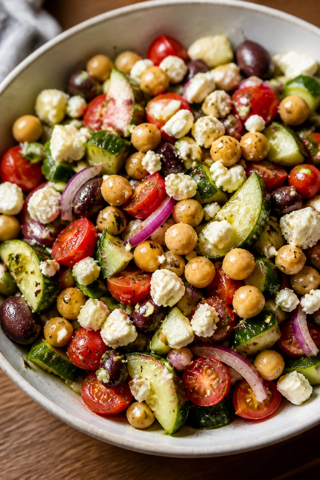 Bright Greek salad with feta, chickpeas, cucumber and olives in a bowl.