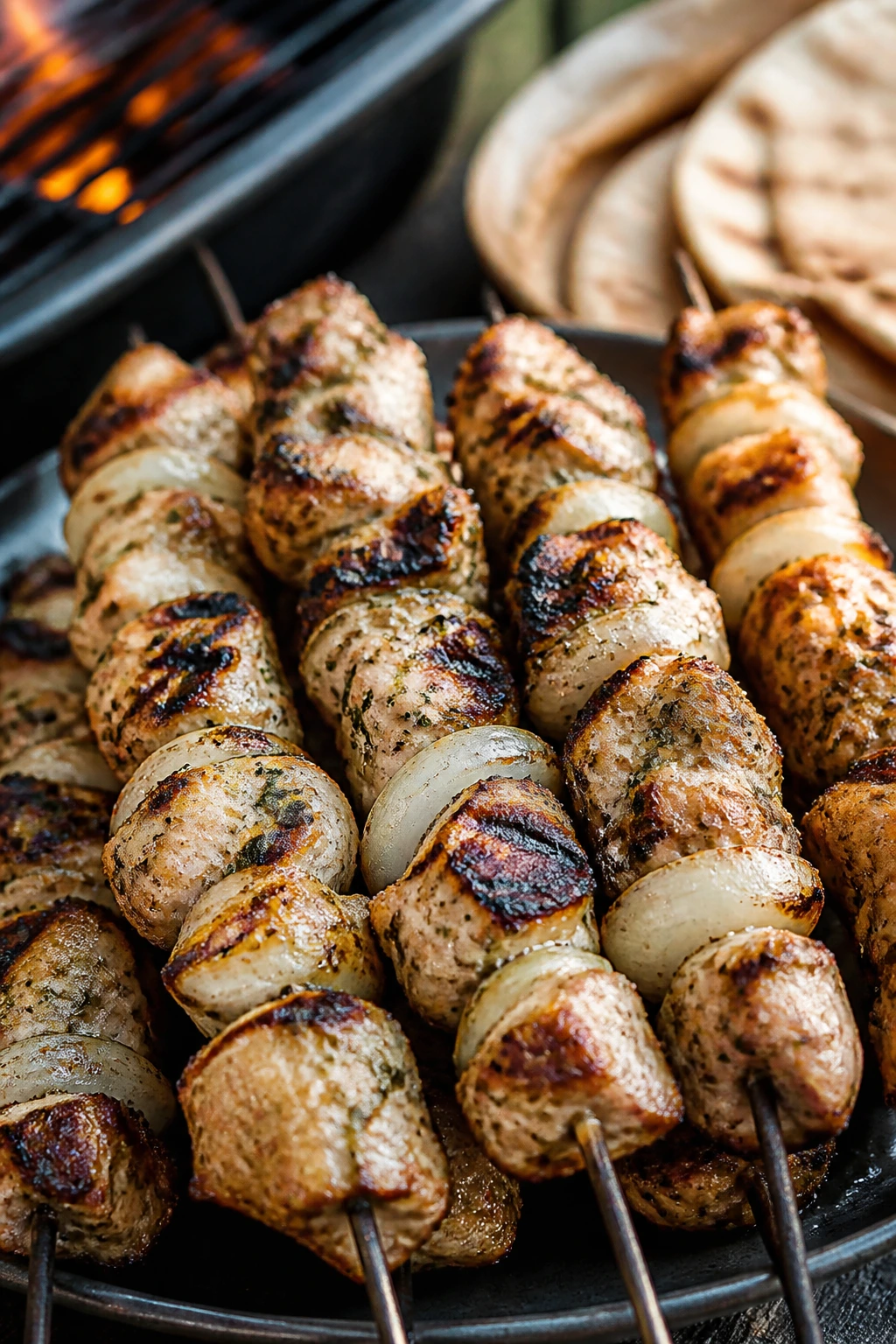 Close-up of Greek chicken souvlaki skewers with onion outdoors