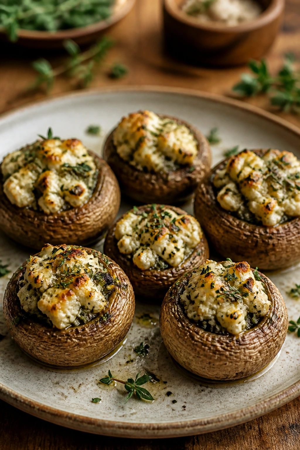 Stuffed mushrooms with feta and herbs on rustic plate.