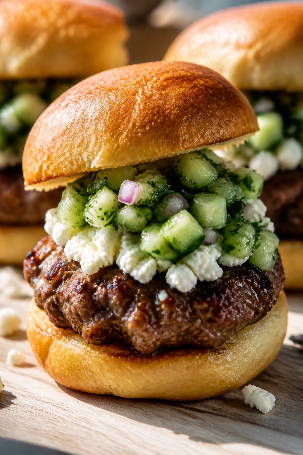 Close-up of Greek-Style Beef Slider with feta and cucumber relish