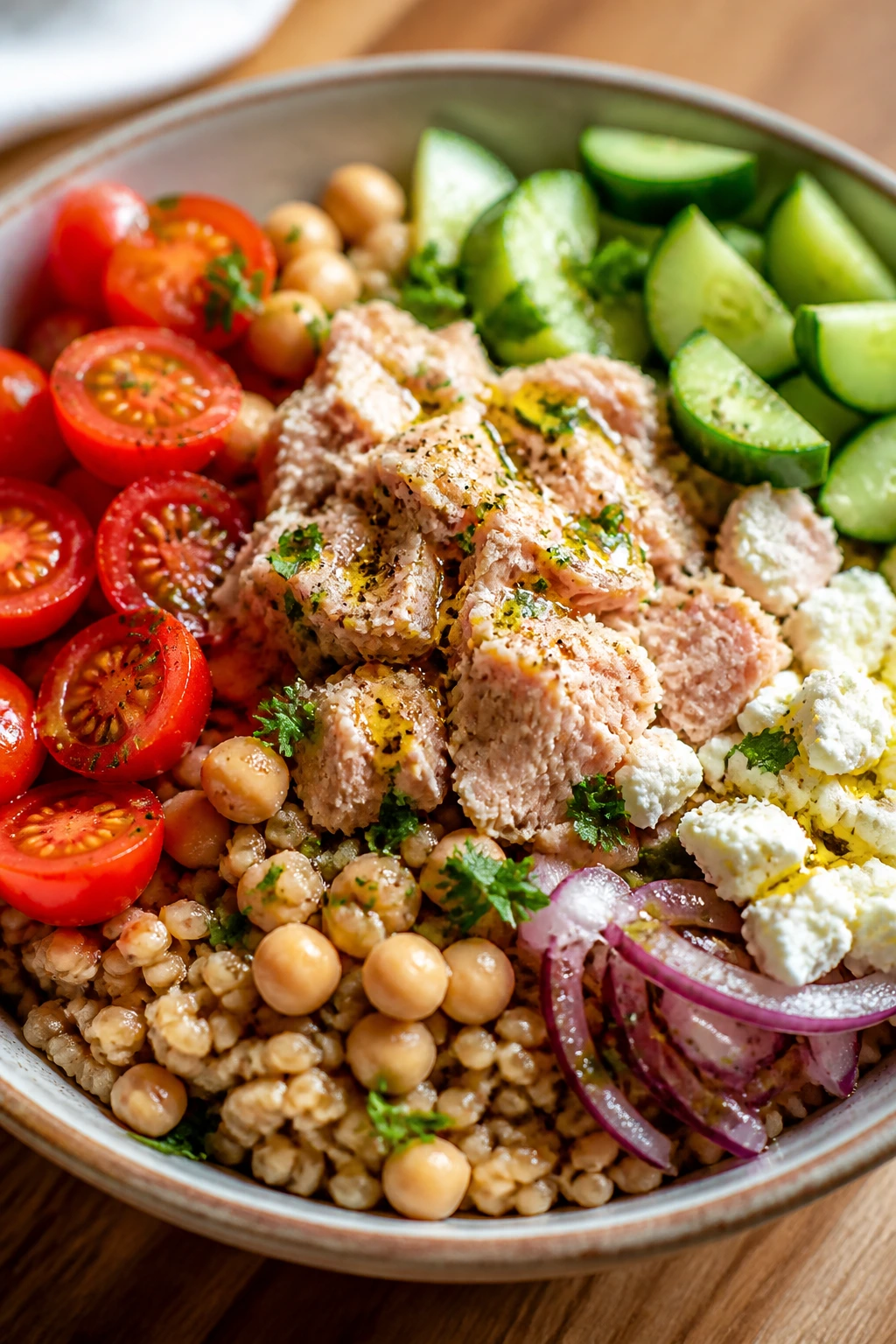 Close-up of Greek Tuna Farro Bowl with tuna, farro and vegetables.