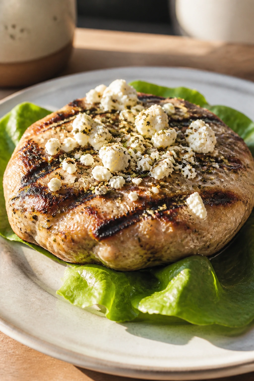 Grilled Greek turkey burger on a plate with feta and lettuce
