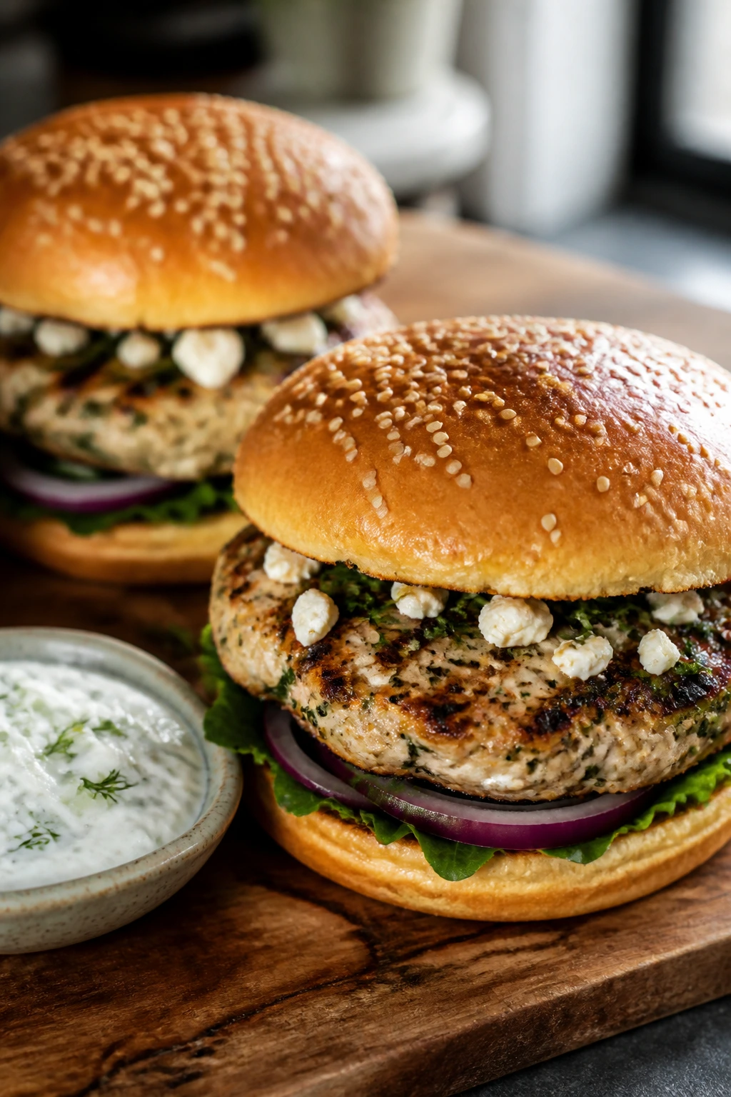 Close-up of Greek turkey burgers with feta and tzatziki