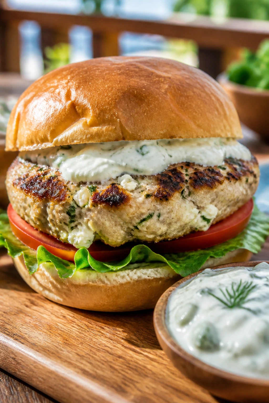 Close-up of a Greek turkey burger with feta and tzatziki, on a bun, outdoors.