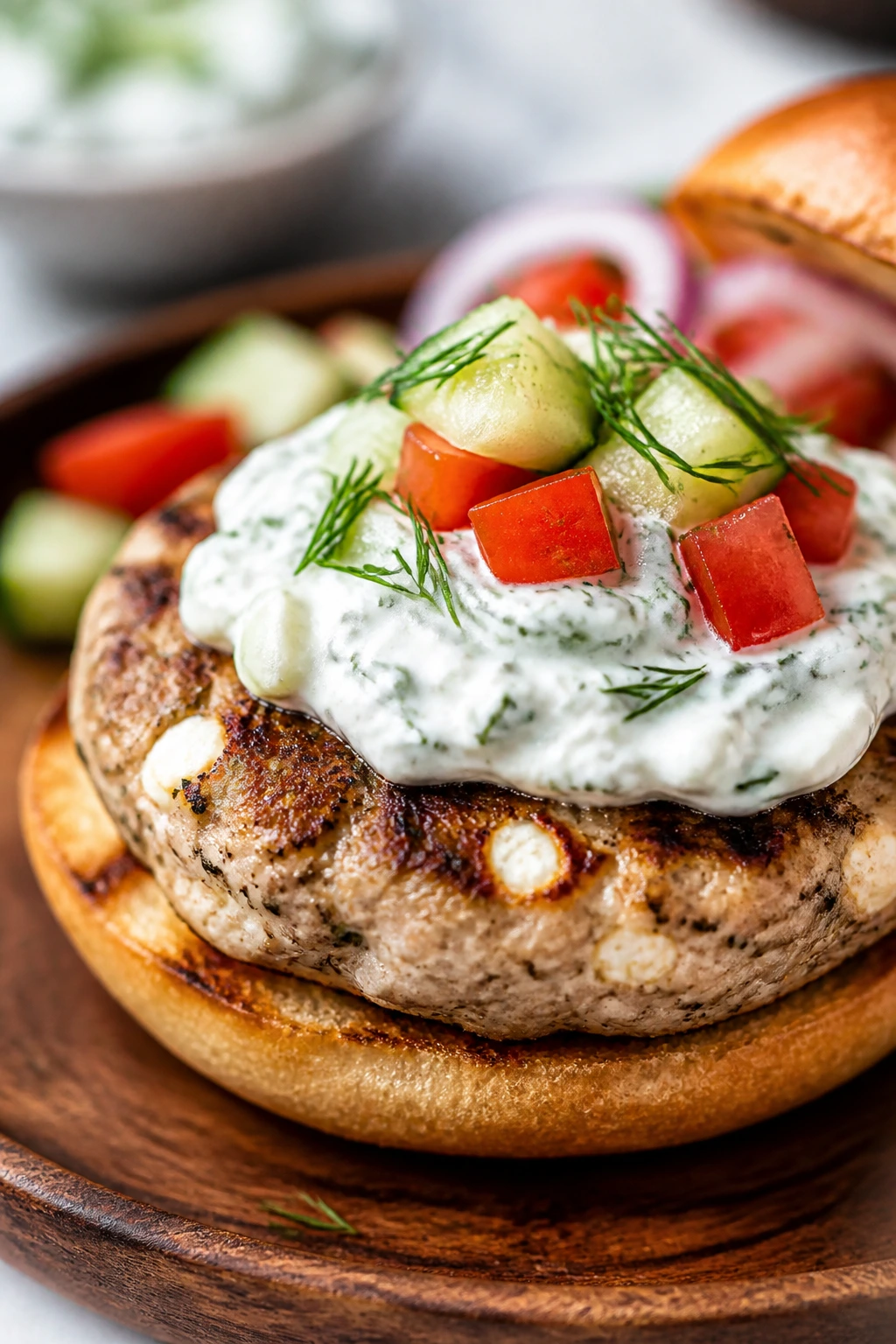 Close-up of Greek turkey burger with feta and tzatziki on wooden plate