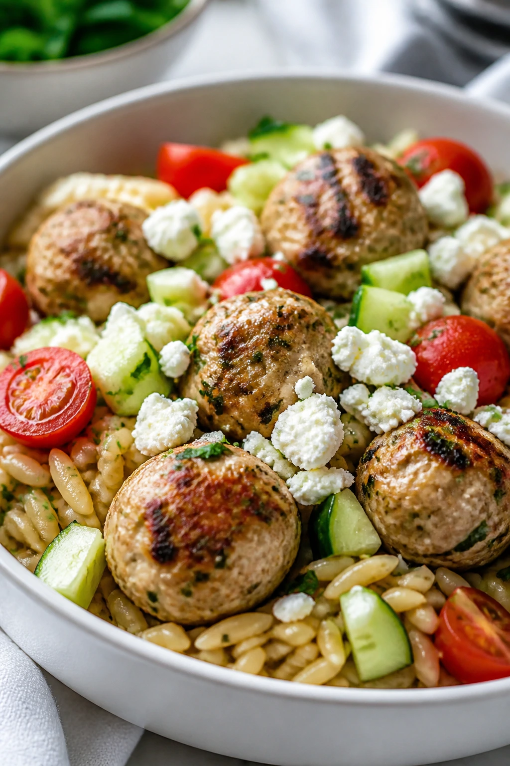 Close-up of Greek turkey meatballs with orzo and feta