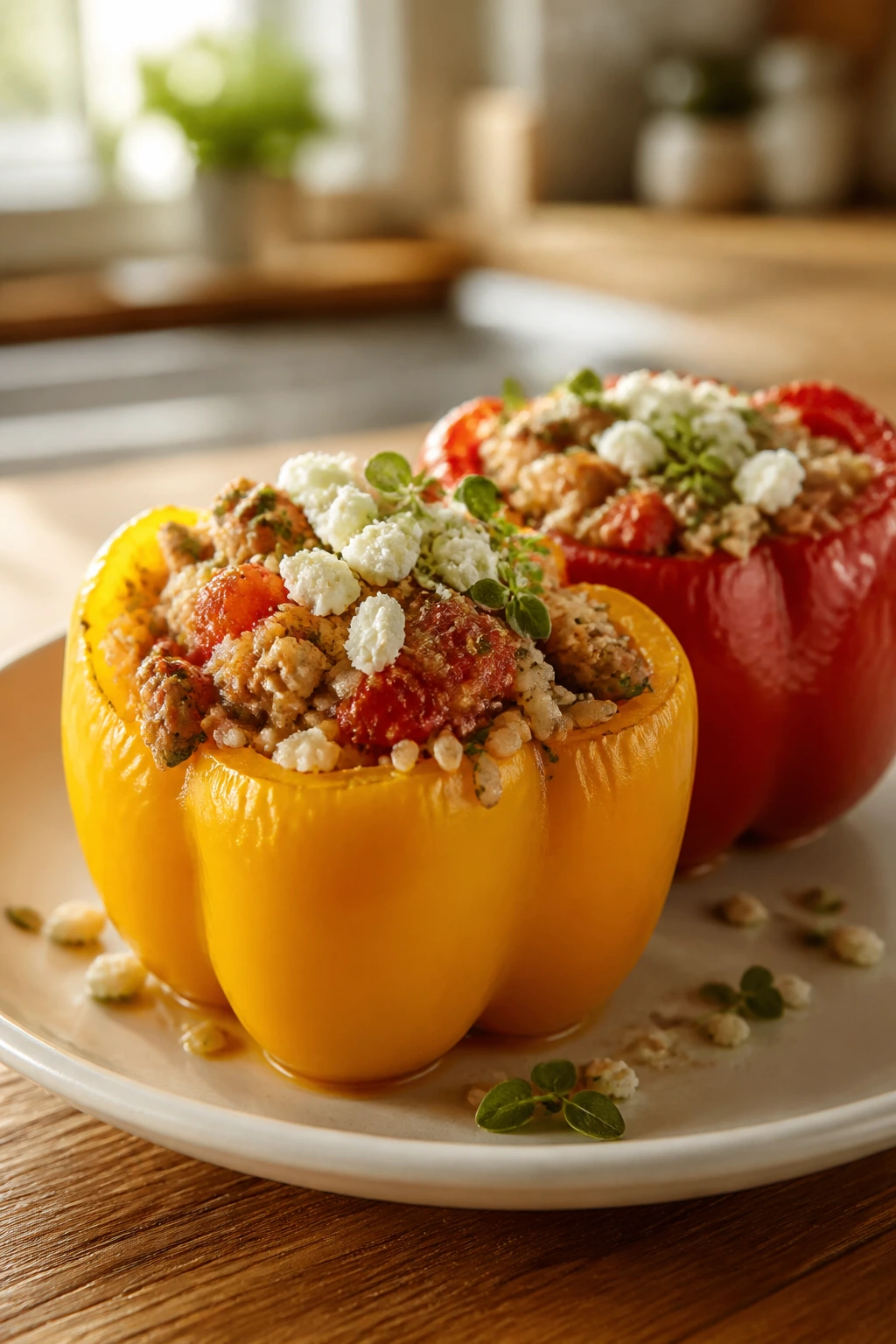 Stuffed bell peppers filled with turkey, rice, and feta.