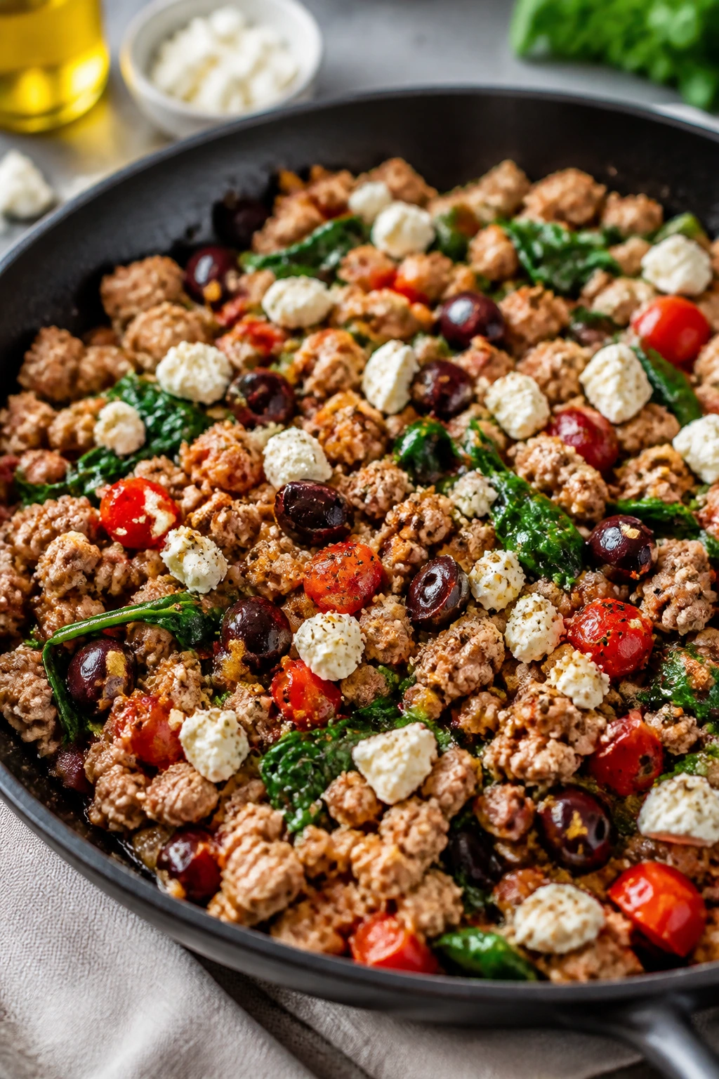 Close-up of Greek Turkey Skillet with olives, feta, and spinach.