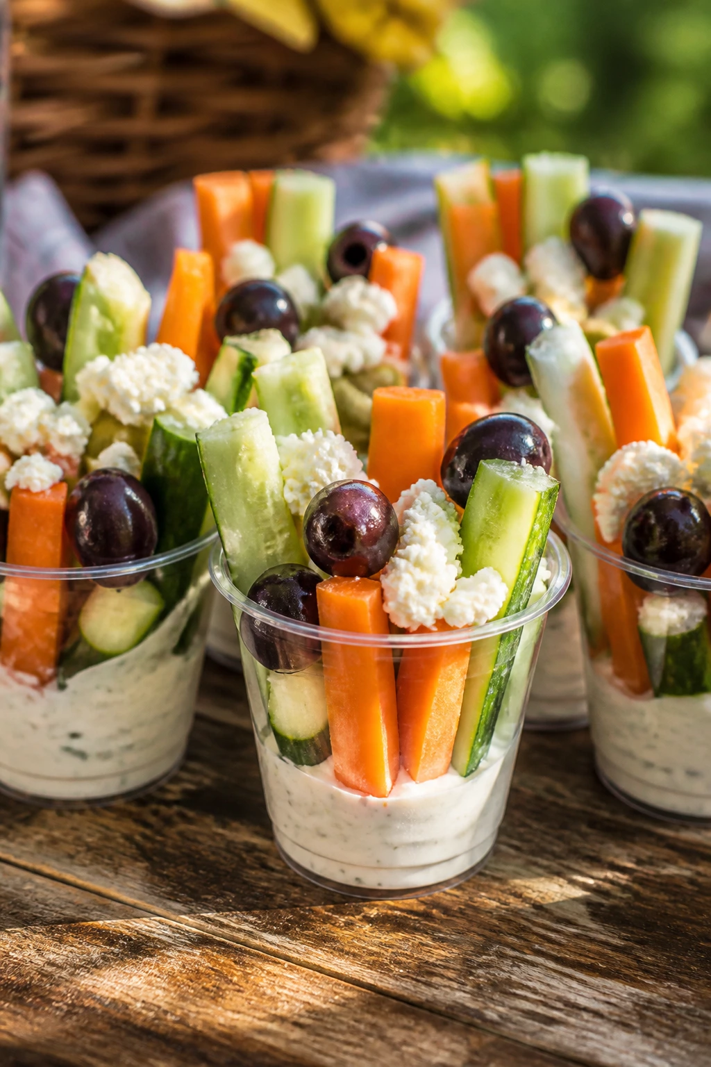 Close-up of Greek veggie cups with ranch dip on a picnic table.