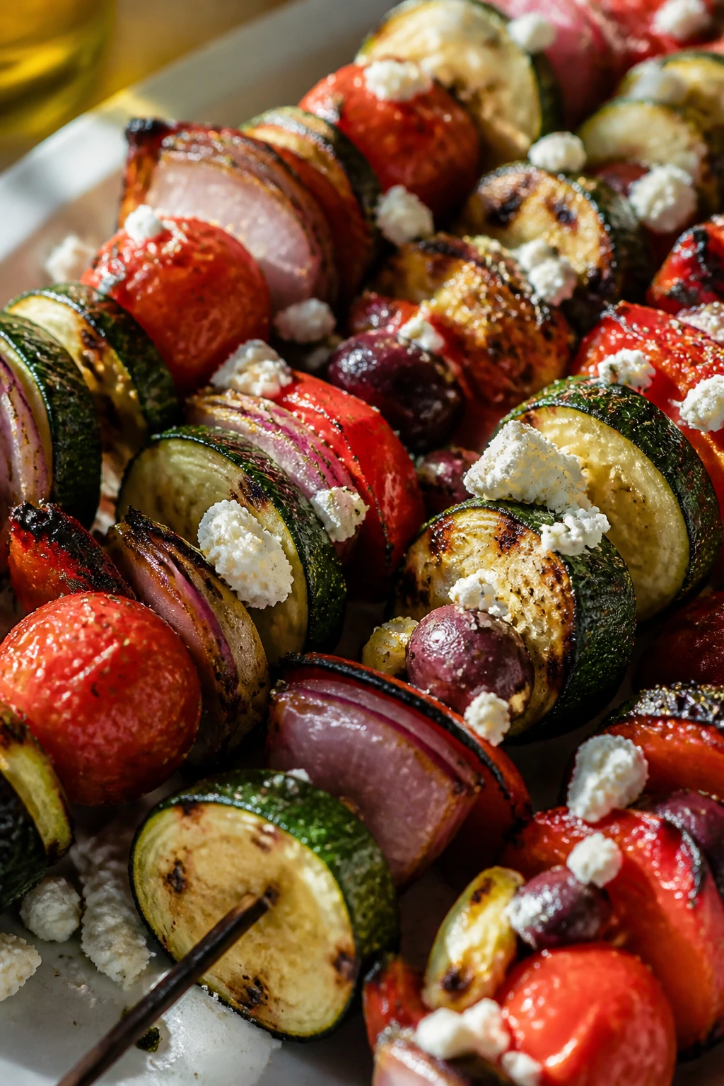 Greek veggie skewers with feta and olives on grill