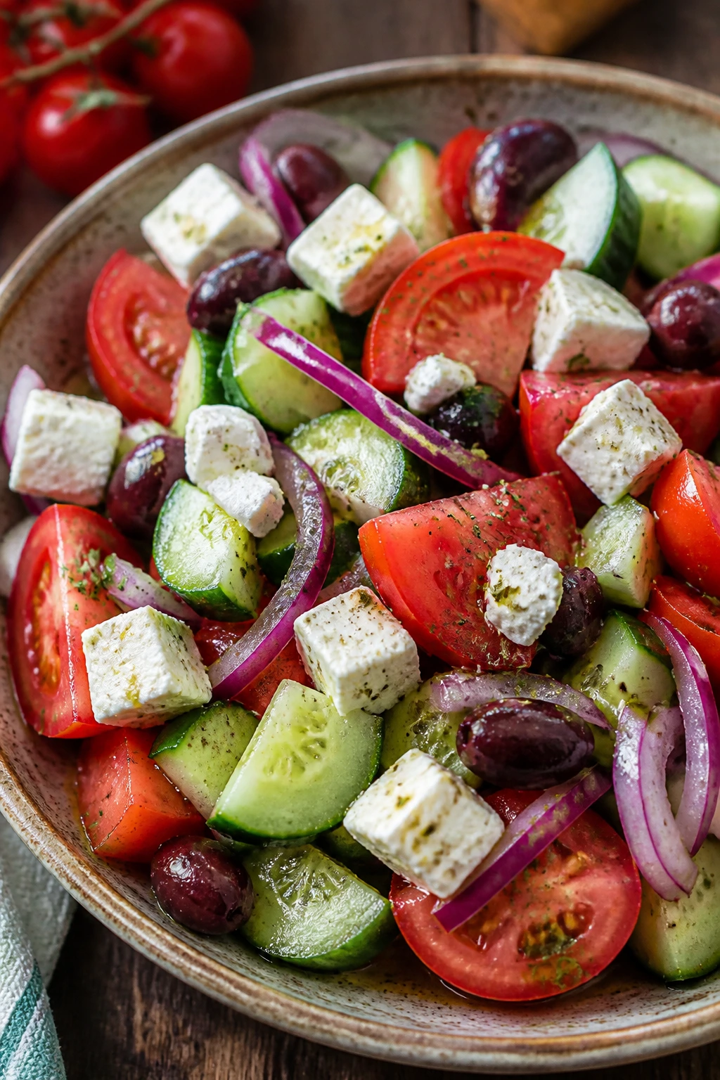 Close-up of Greek Village Salad with tomatoes, cucumbers, olives and feta in a bowl