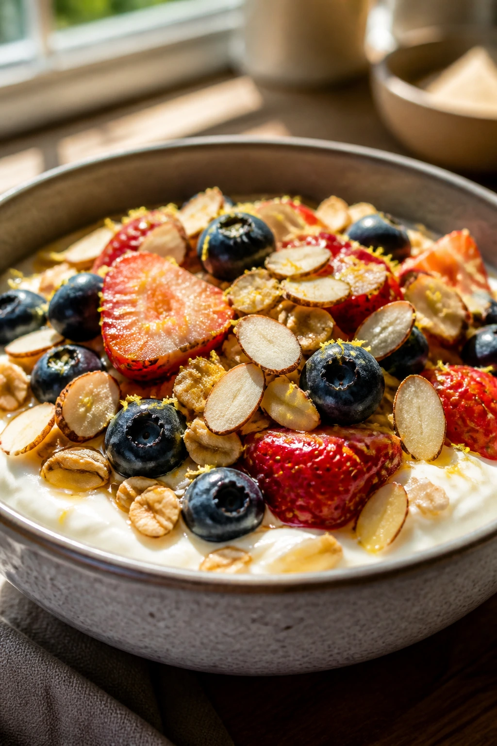 Close-up of thick Greek yogurt bowl with oats, almonds, berries and lemon zest in a sunlit kitchen