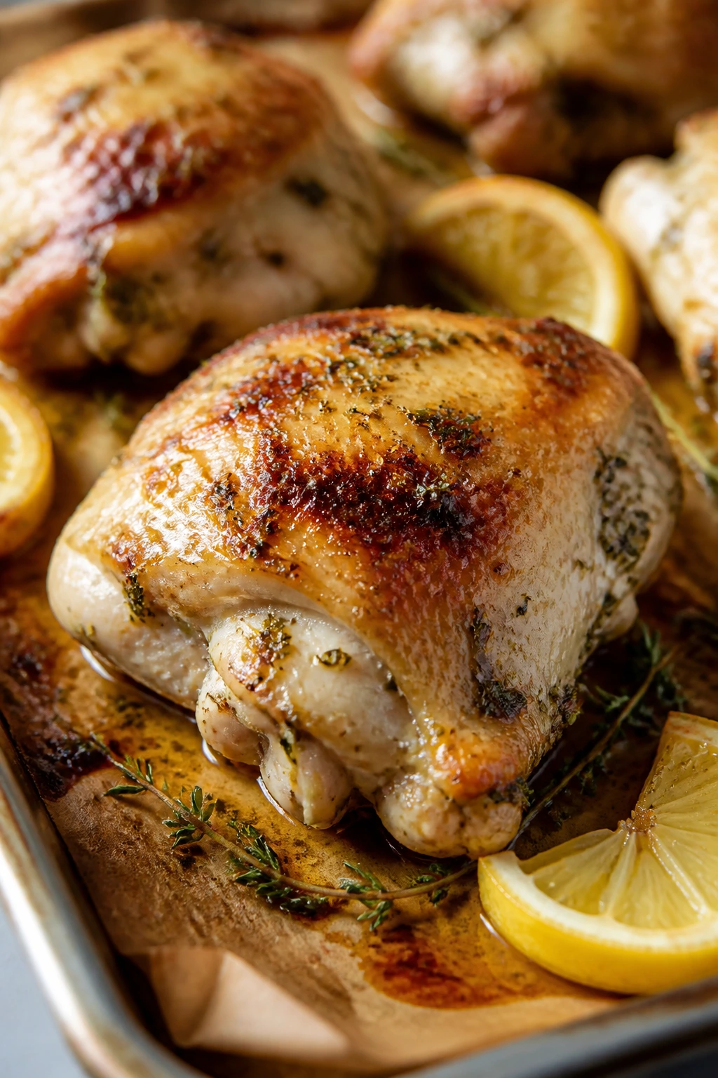 Roasted chicken thigh with yogurt glaze and lemon oregano