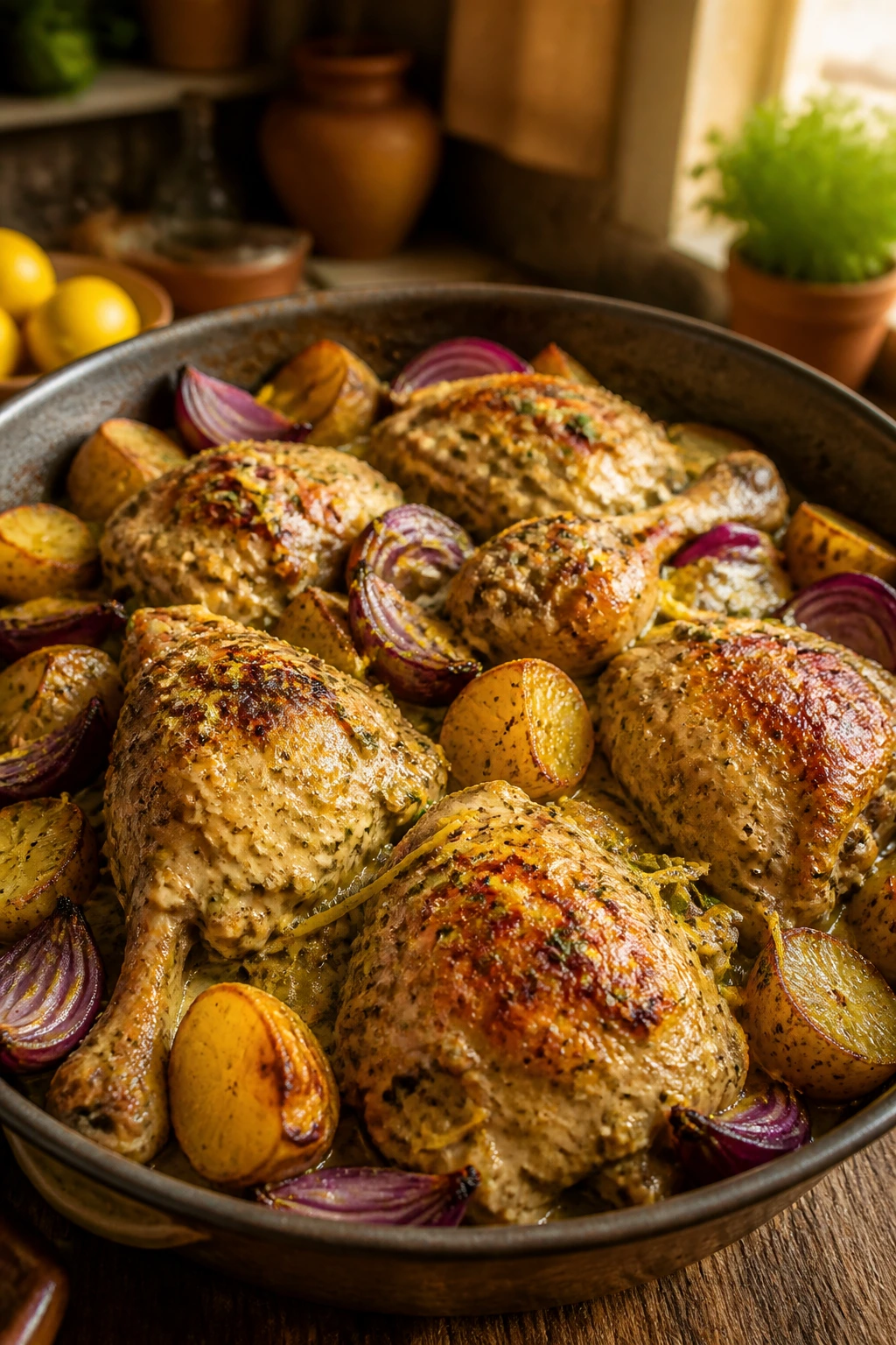 Close-up of bone-in Greek yogurt chicken with potatoes and red onions, browned and juicy.