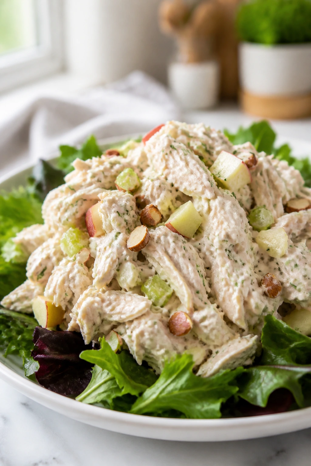 Close-up of Greek yogurt chicken salad on greens with celery and apple pieces