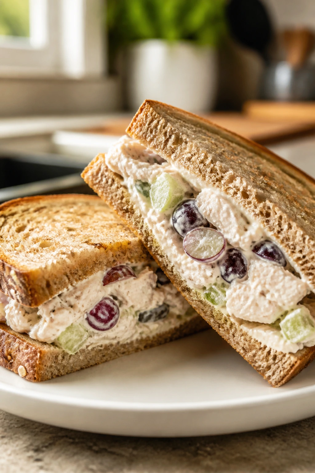Close-up of Greek yogurt chicken salad sandwiches cut in half