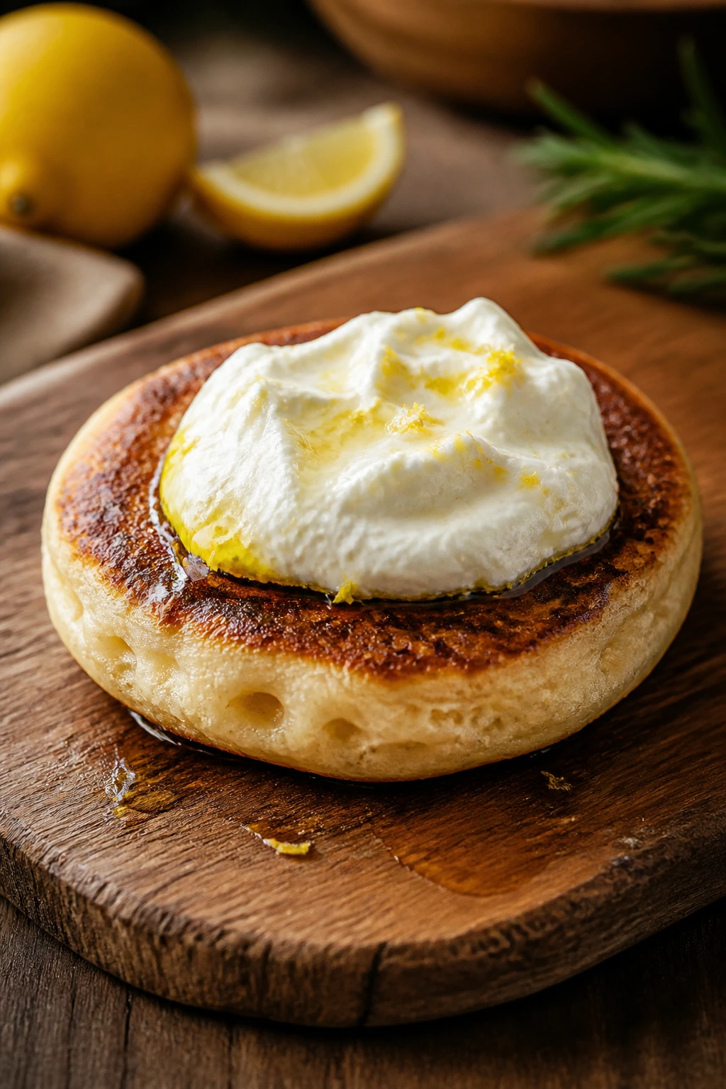 Close-up of a Tuscan-style pancake topped with Greek yogurt and olive oil