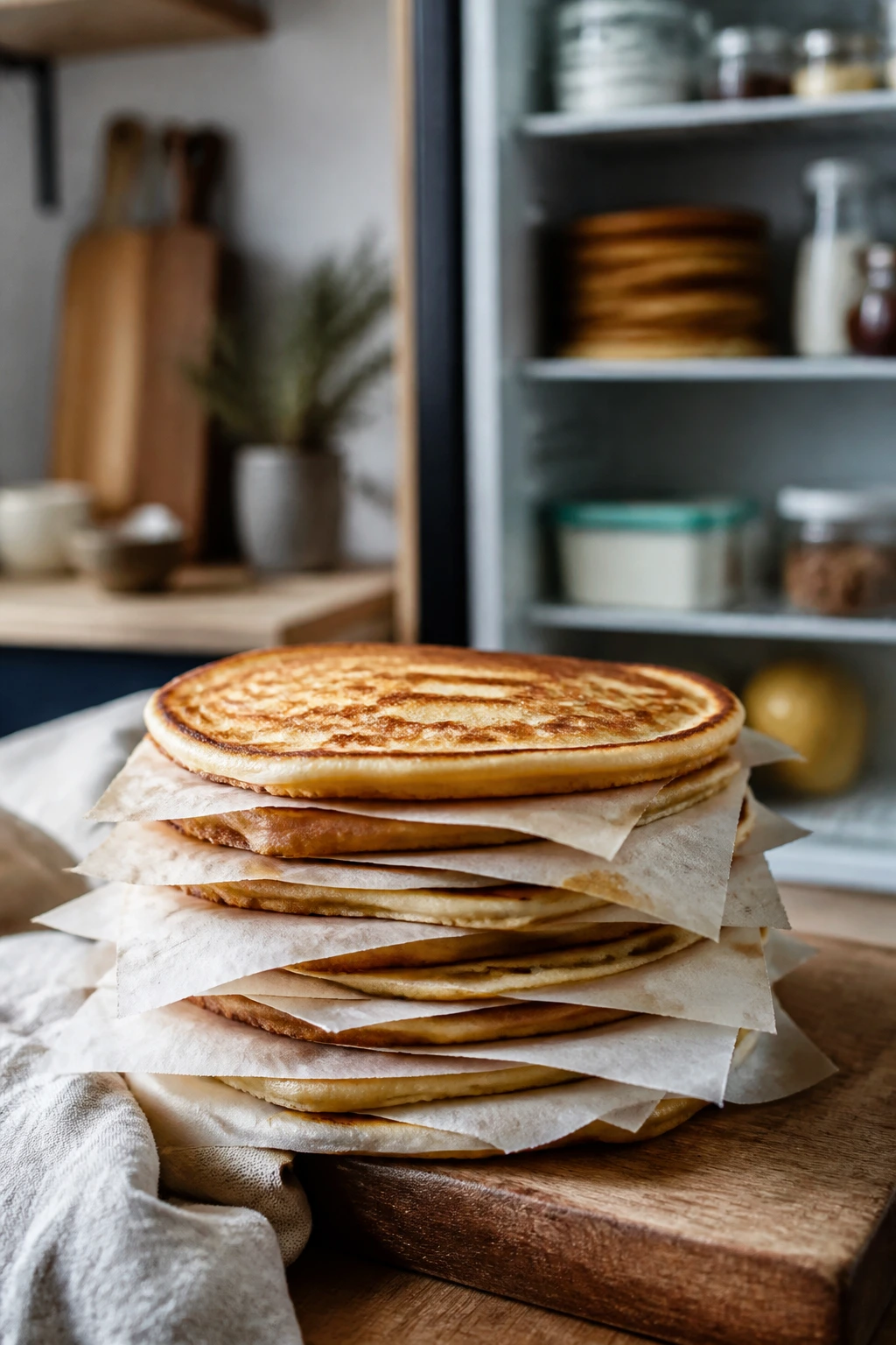 Pancakes stacked with parchment between layers on a wooden surface in a cozy kitchen