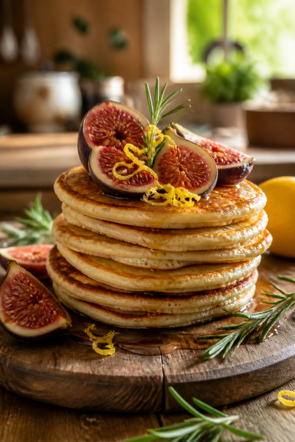 Close-up of Greek yogurt pancakes with lemon zest, figs, and rosemary on a rustic board in a sunlit kitchen