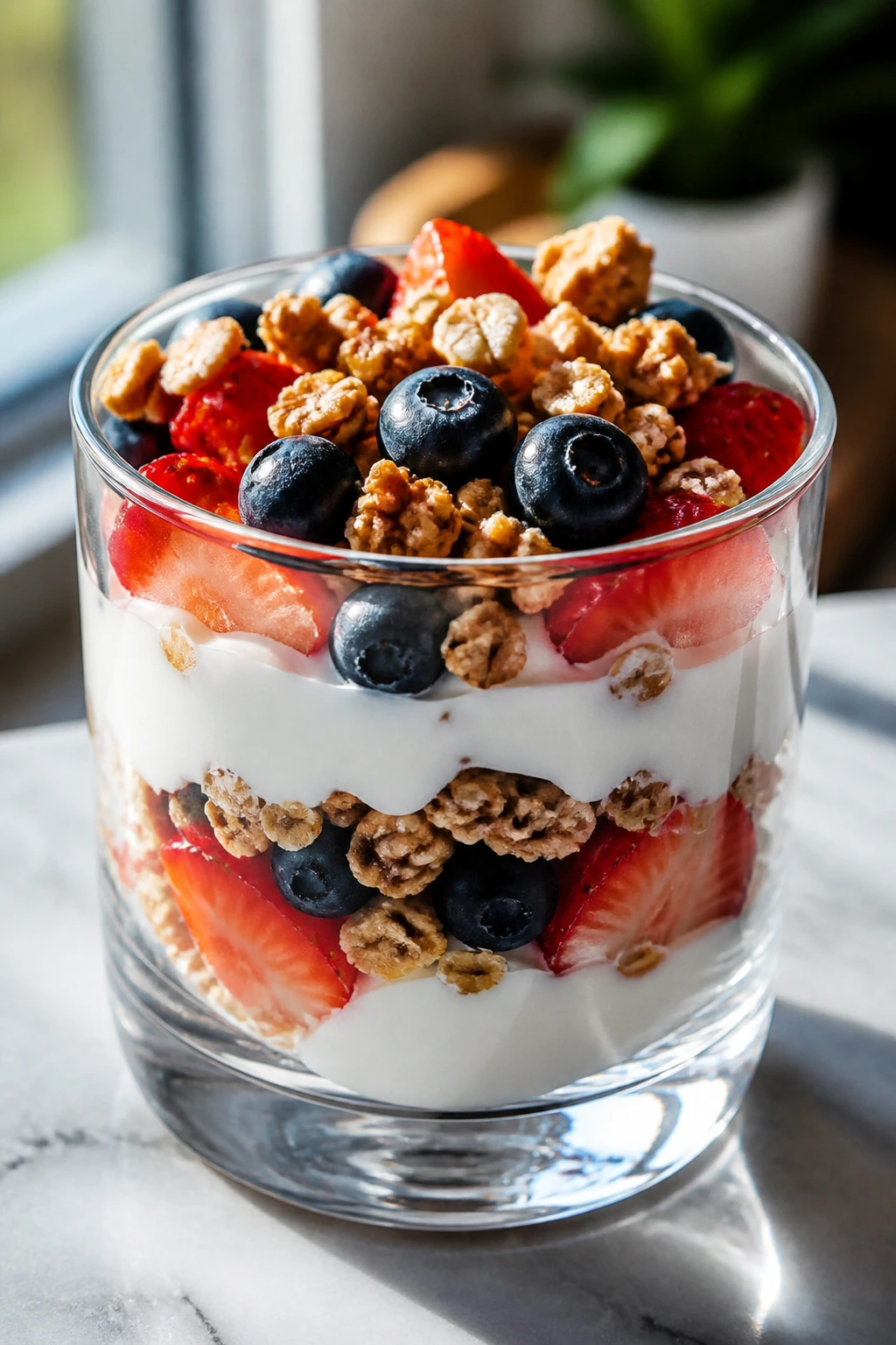 Parfait cup showing yogurt, berries, and granola layers