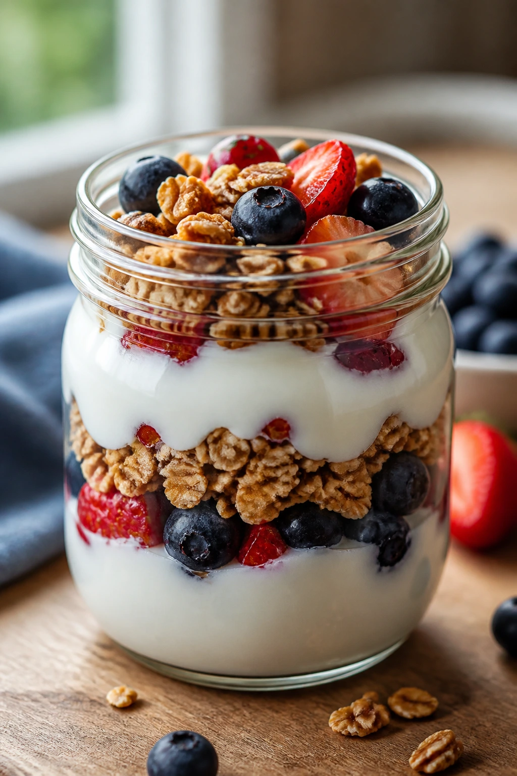 Greek yogurt parfait jar with distinct layers of yogurt, berries, and granola