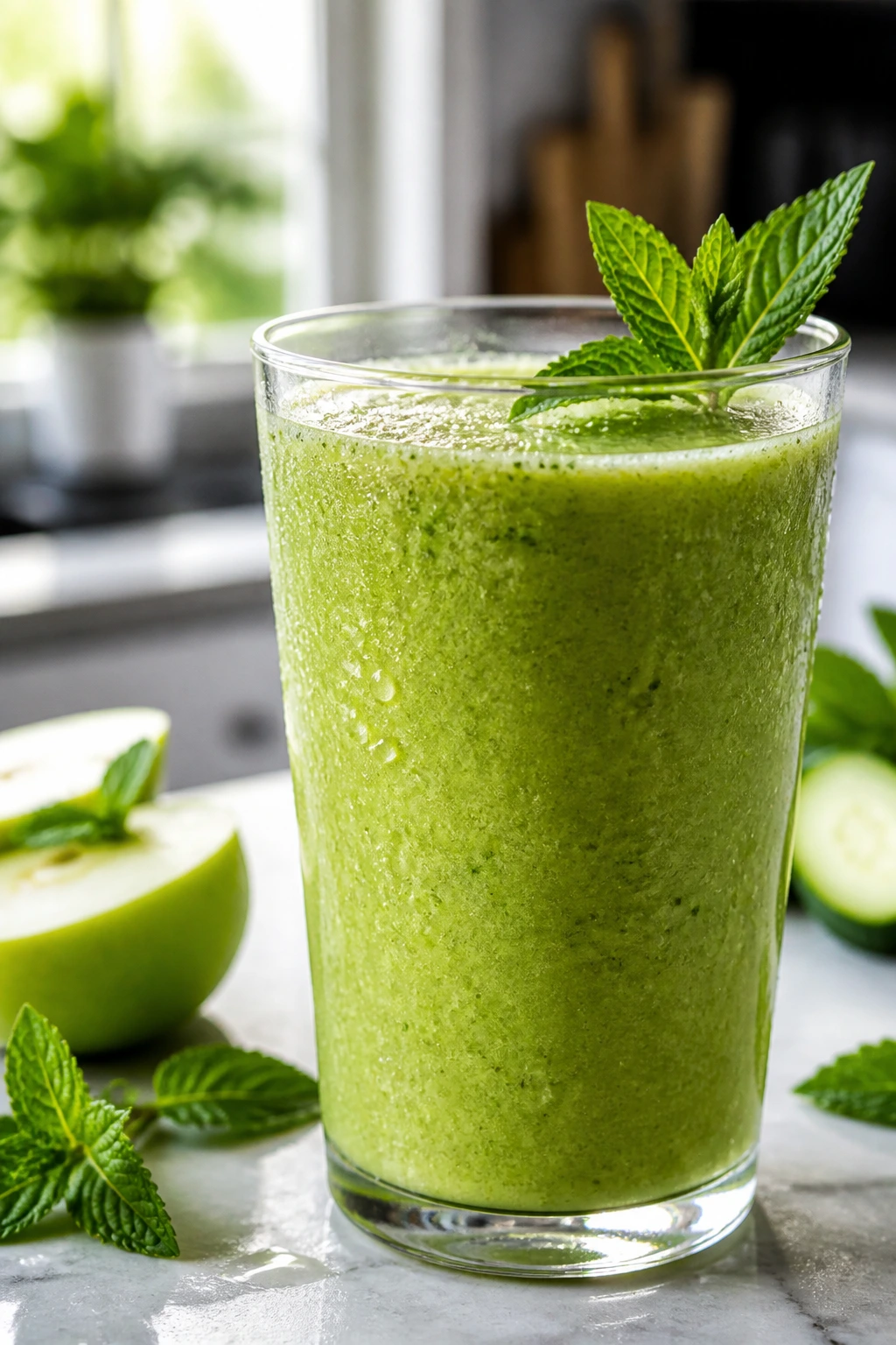 Bright green smoothie in a glass with mint on a sunlit counter