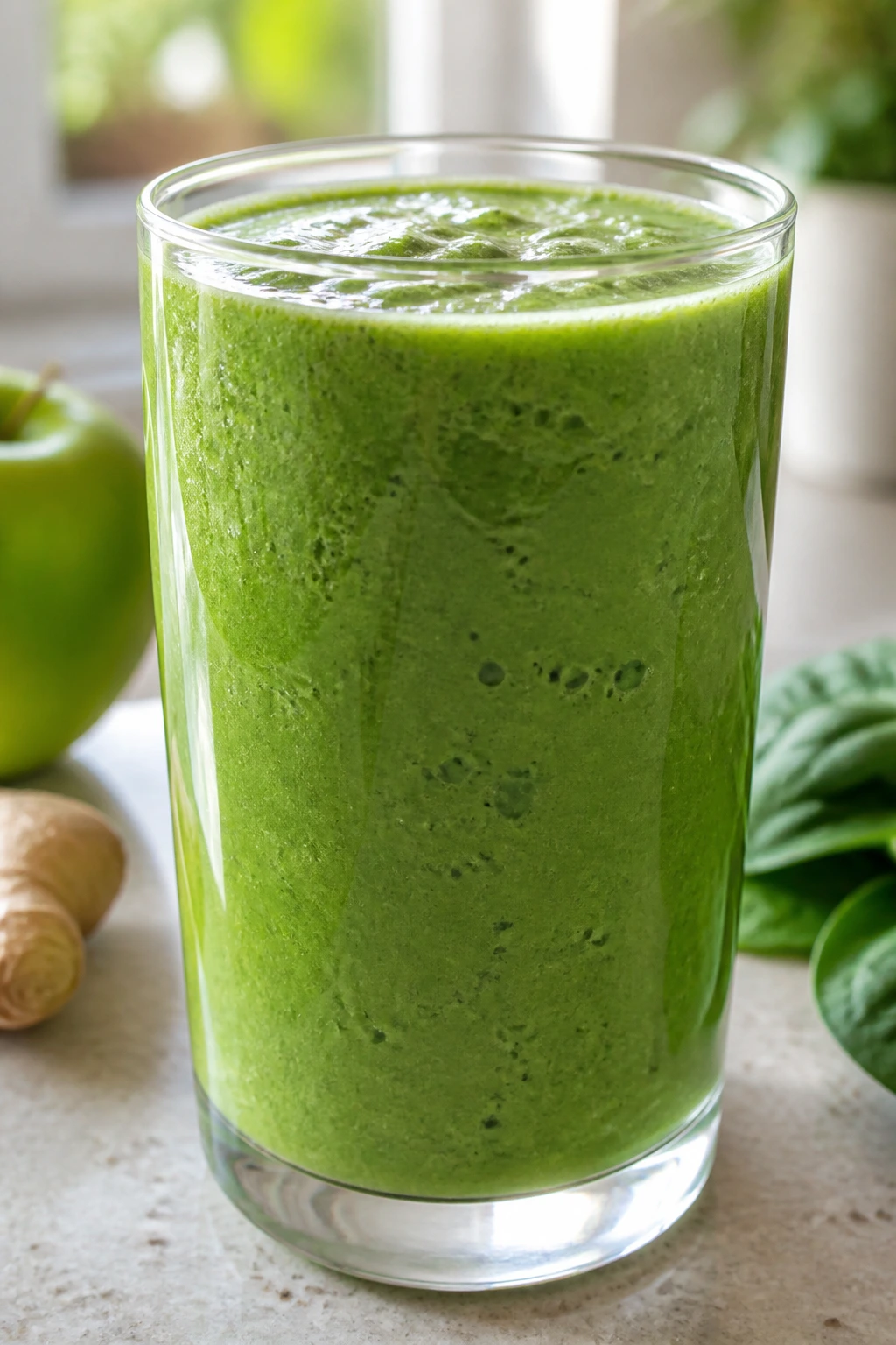 Glass of green apple ginger spinach smoothie in a sunny kitchen