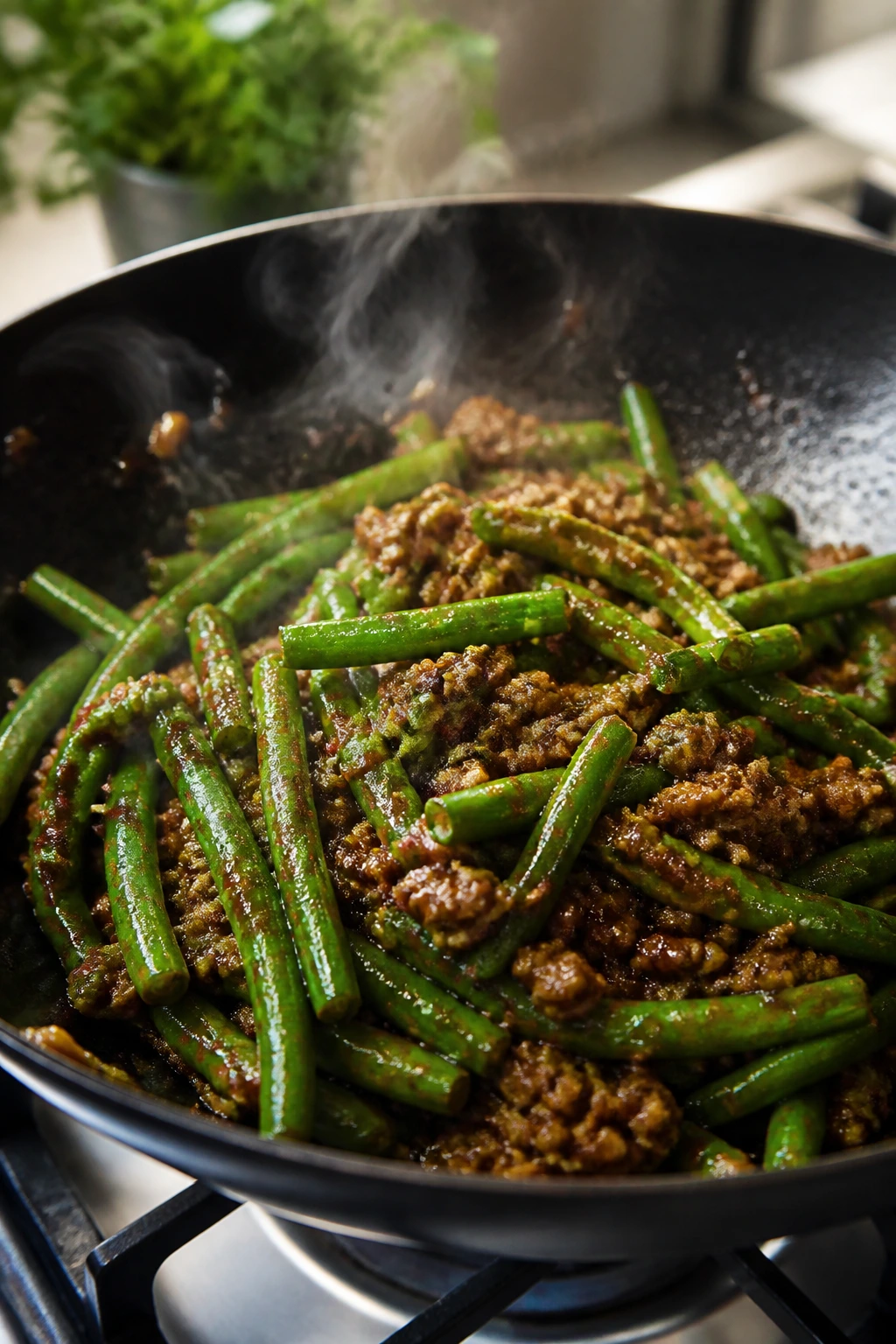 Beef and green beans stir-fried in a glossy sauce in a hot wok