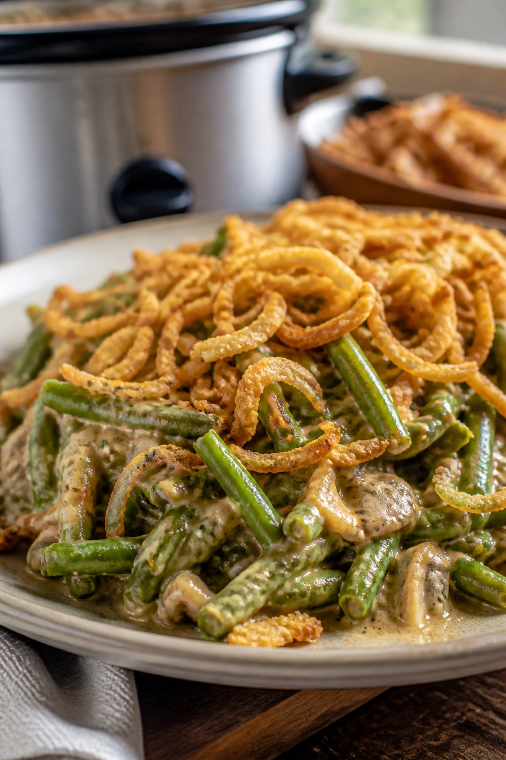 Plate of creamy green bean casserole with fried onions in a warm kitchen