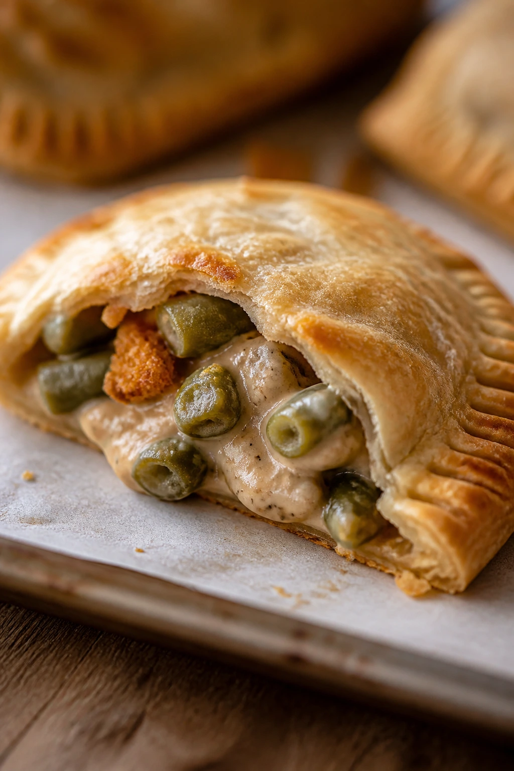 Hand pie with green bean casserole filling and golden crust