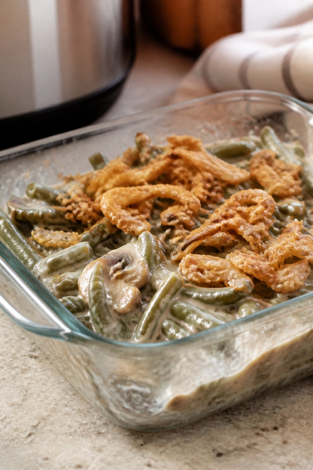 Leftover green bean casserole in a glass dish on a kitchen counter