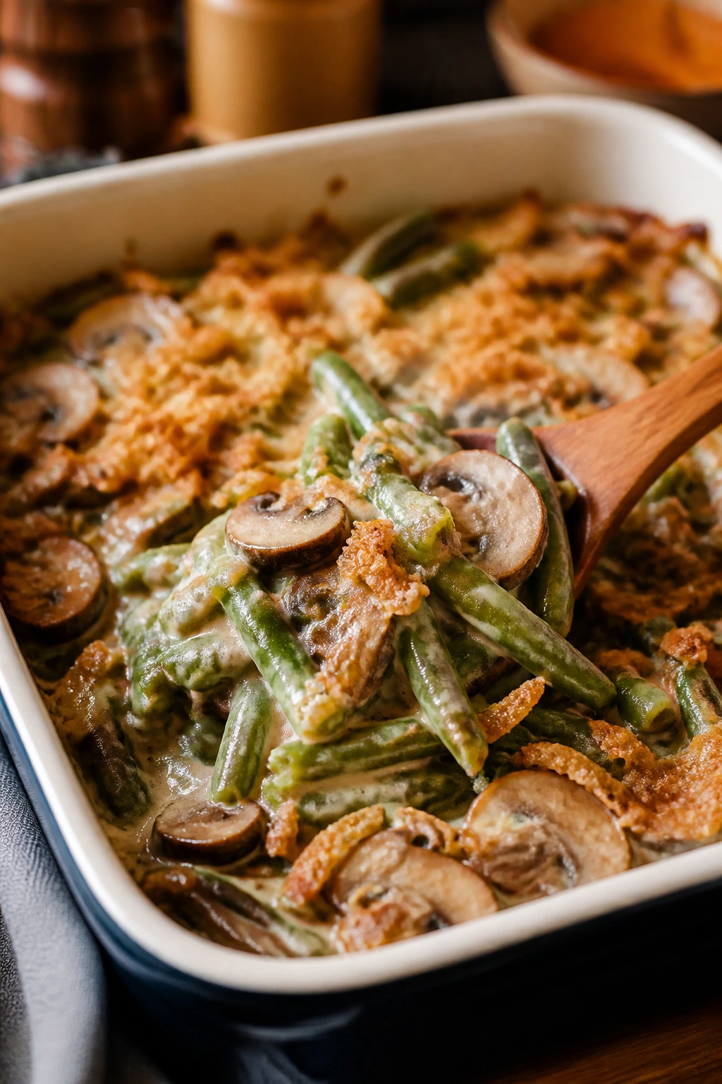 Mushroom-infused green bean casserole in a baking dish