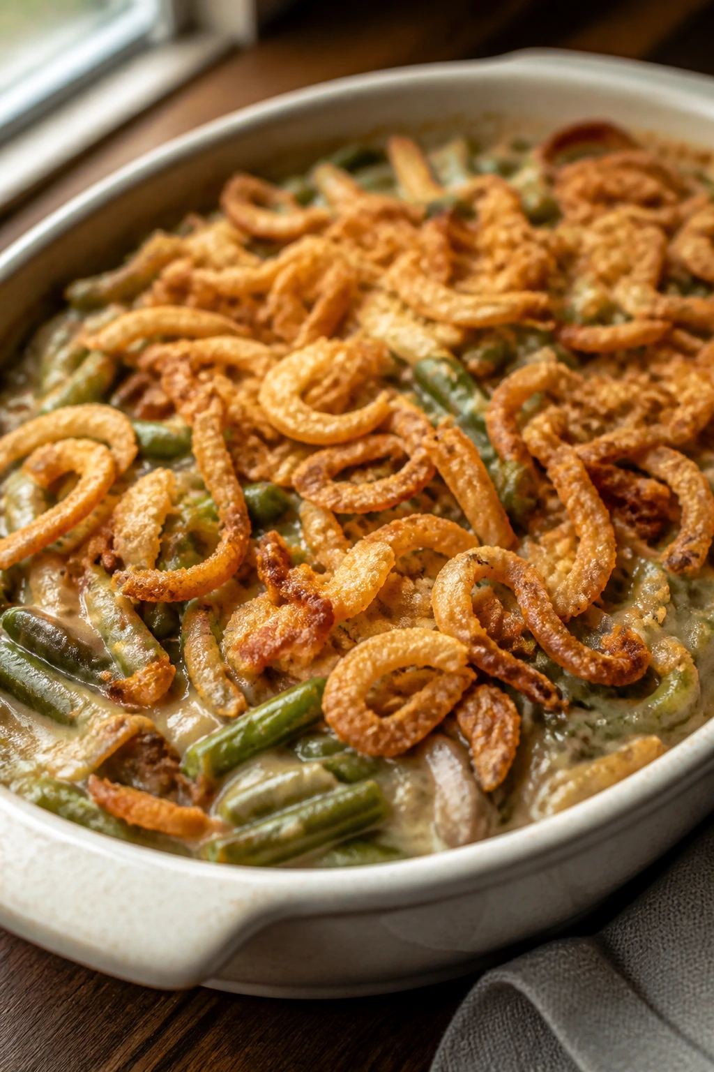 Close-up of green bean casserole with fried onions in a baking dish