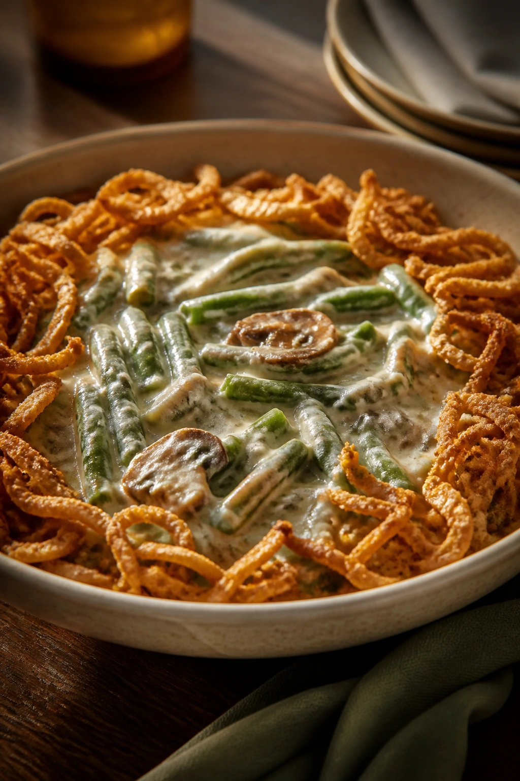 Green bean casserole in a shallow serving bowl with crisp fried onions