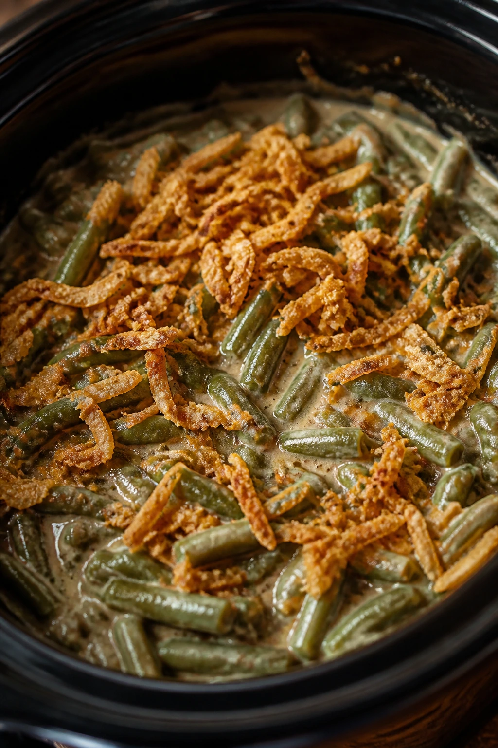 Close-up of thick green bean casserole with fried onions in a slow cooker