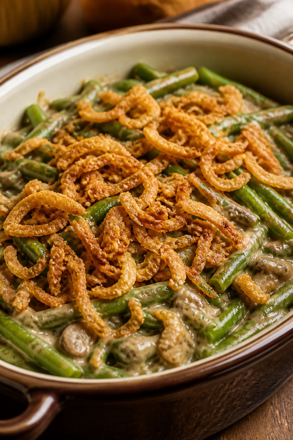 Green bean casserole with mushroom sauce and crispy onions