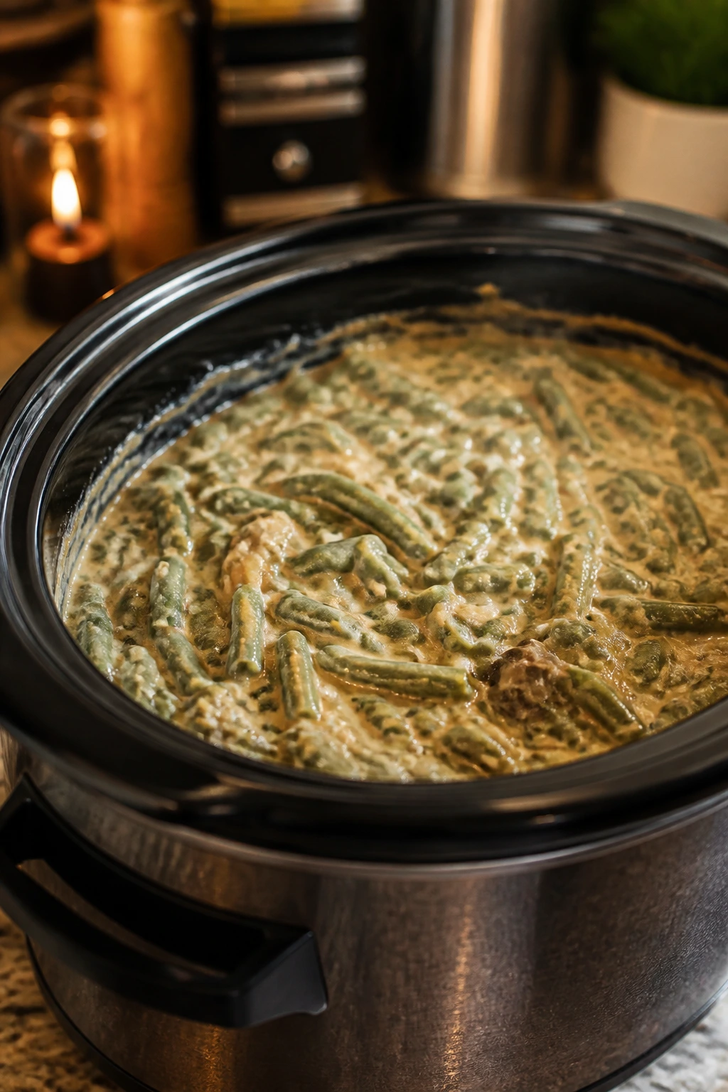 Slow cooker with creamy green bean casserole inside on a warm kitchen counter