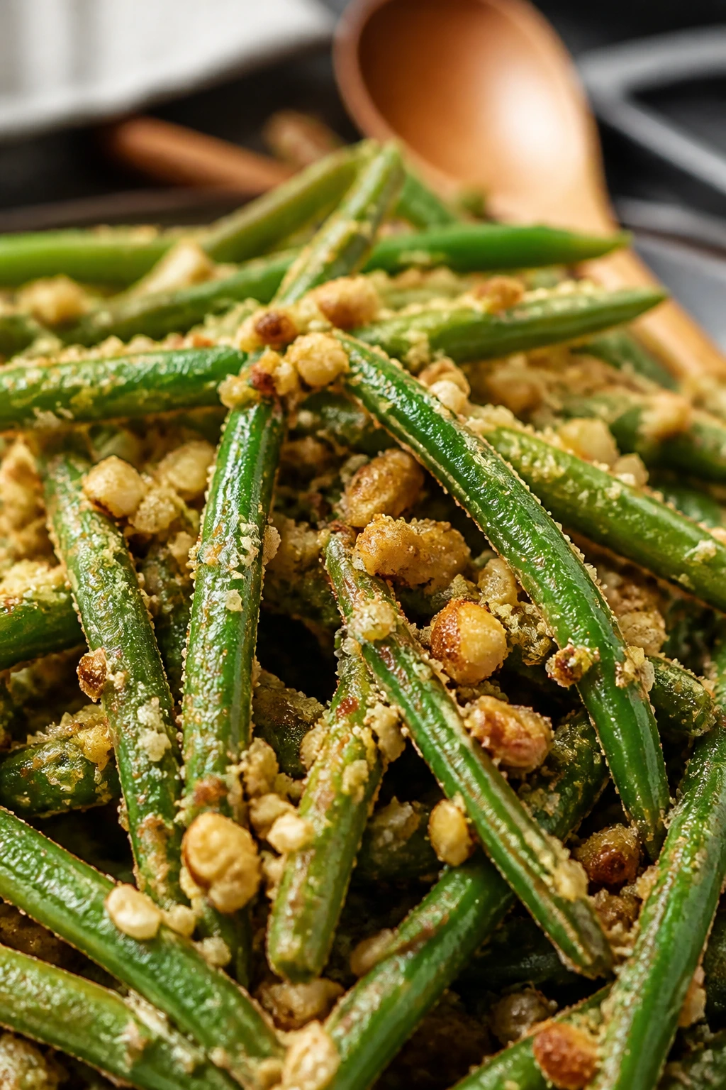 Close-up of green beans with almond crumbs, crisp and glossy