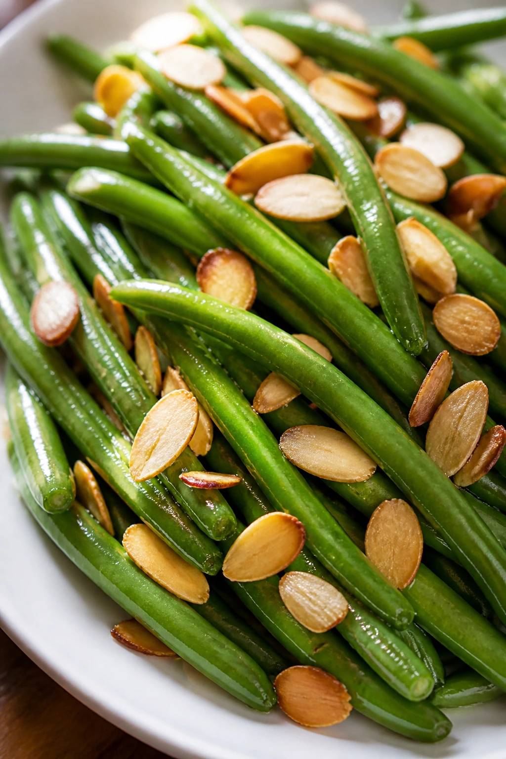 Close-up of glossy green beans with almond slices in butter