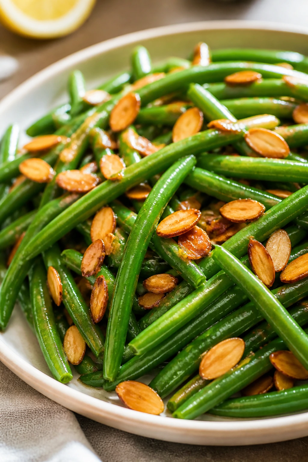 Close-up of green beans with toasted almonds in butter