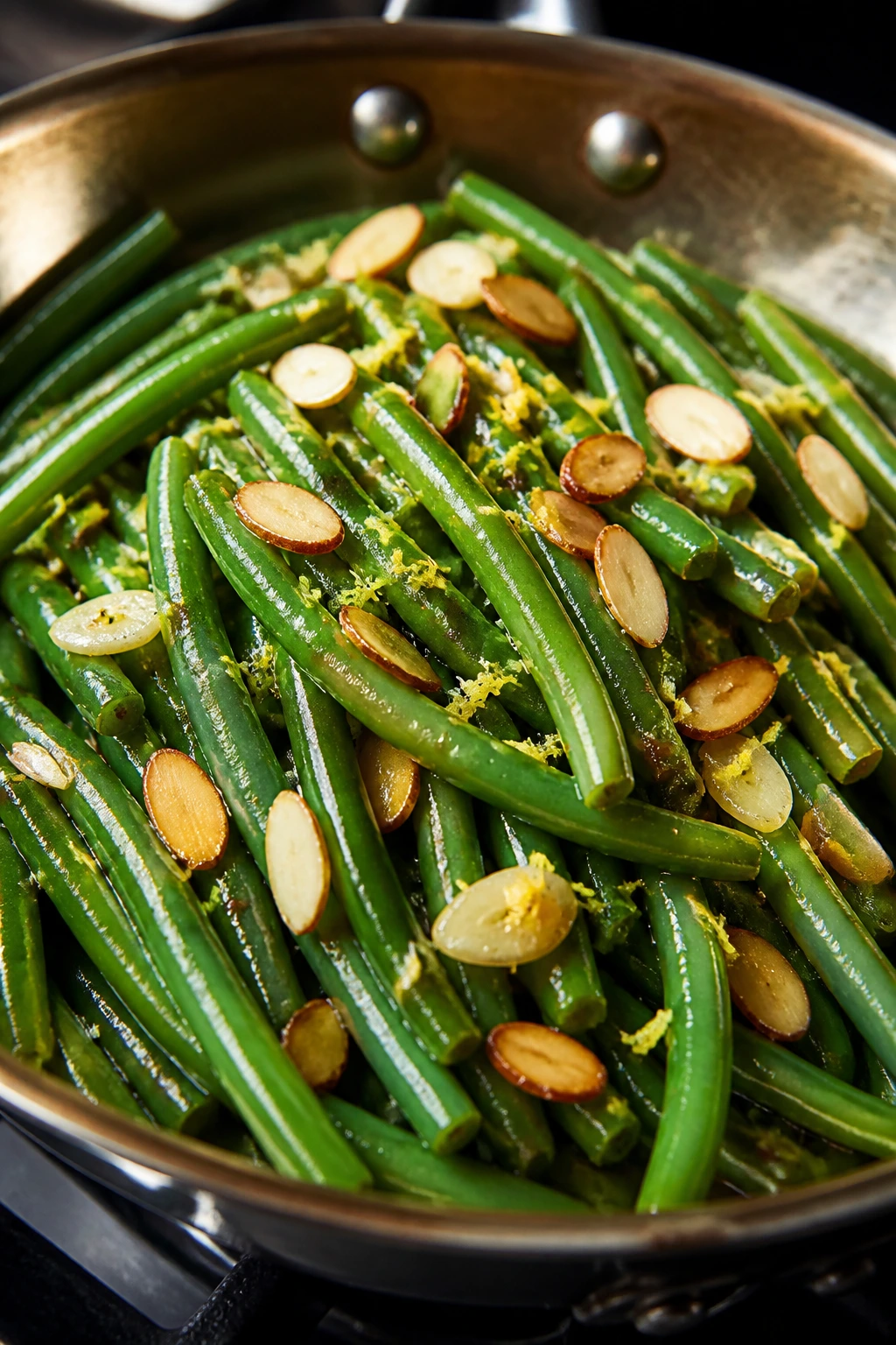 Green beans with garlic and toasted almonds, vibrant and crisp