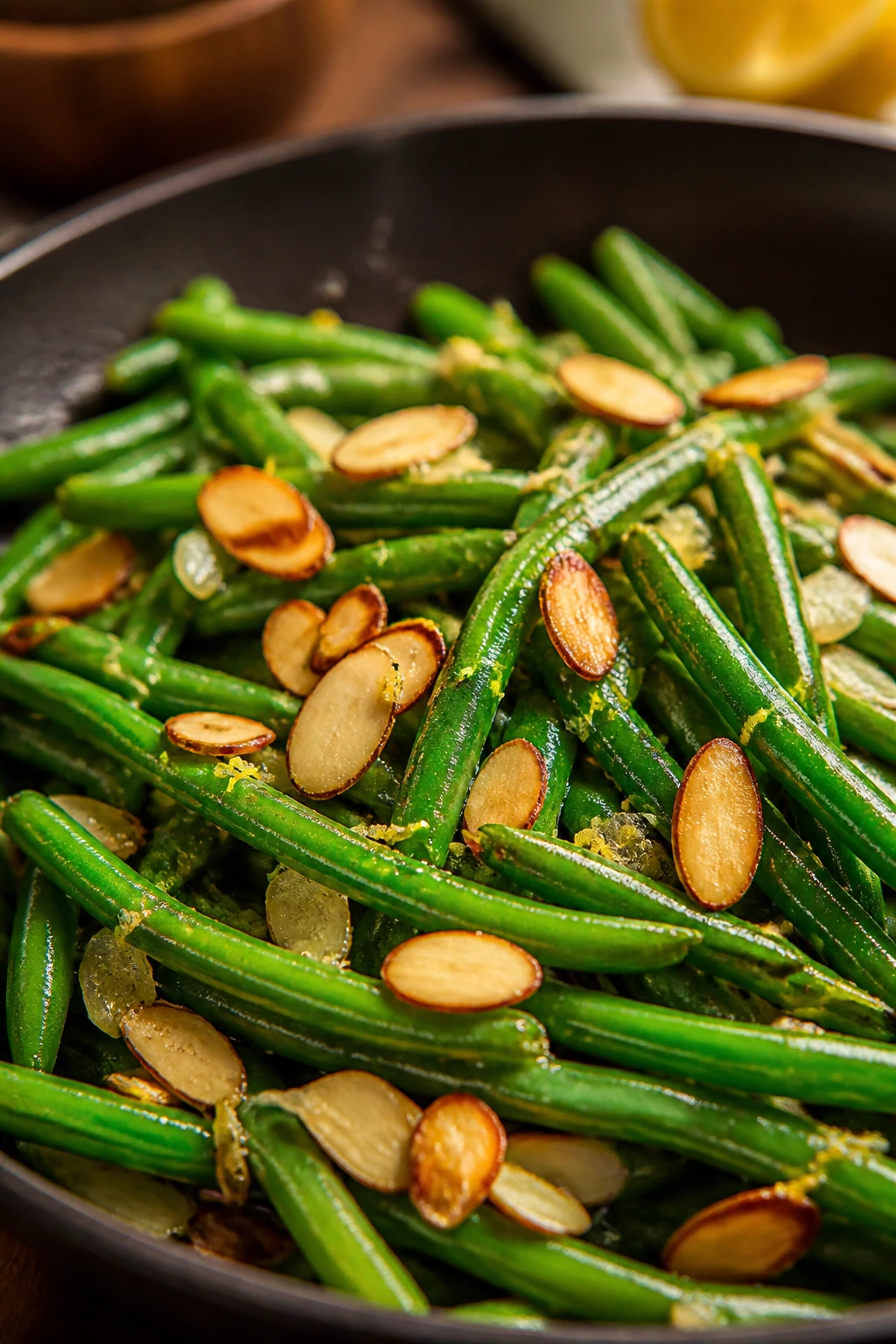 Close-up of green beans with almonds and garlic in butter